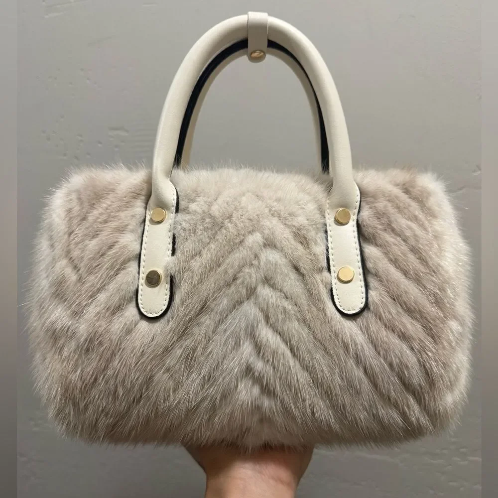 Ivory Real Mink Fur & Leather Handles Handmade Boston Bag & Mink Fur Bag Charm